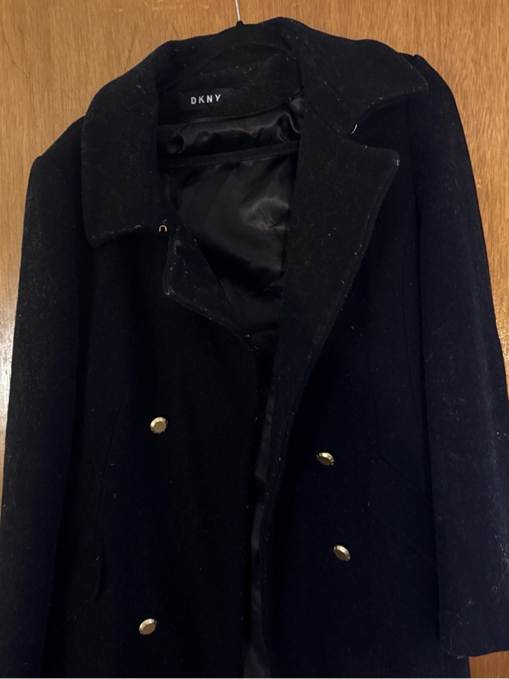 DKNY Black Wool Double-Breasted Coat with Gold Buttons